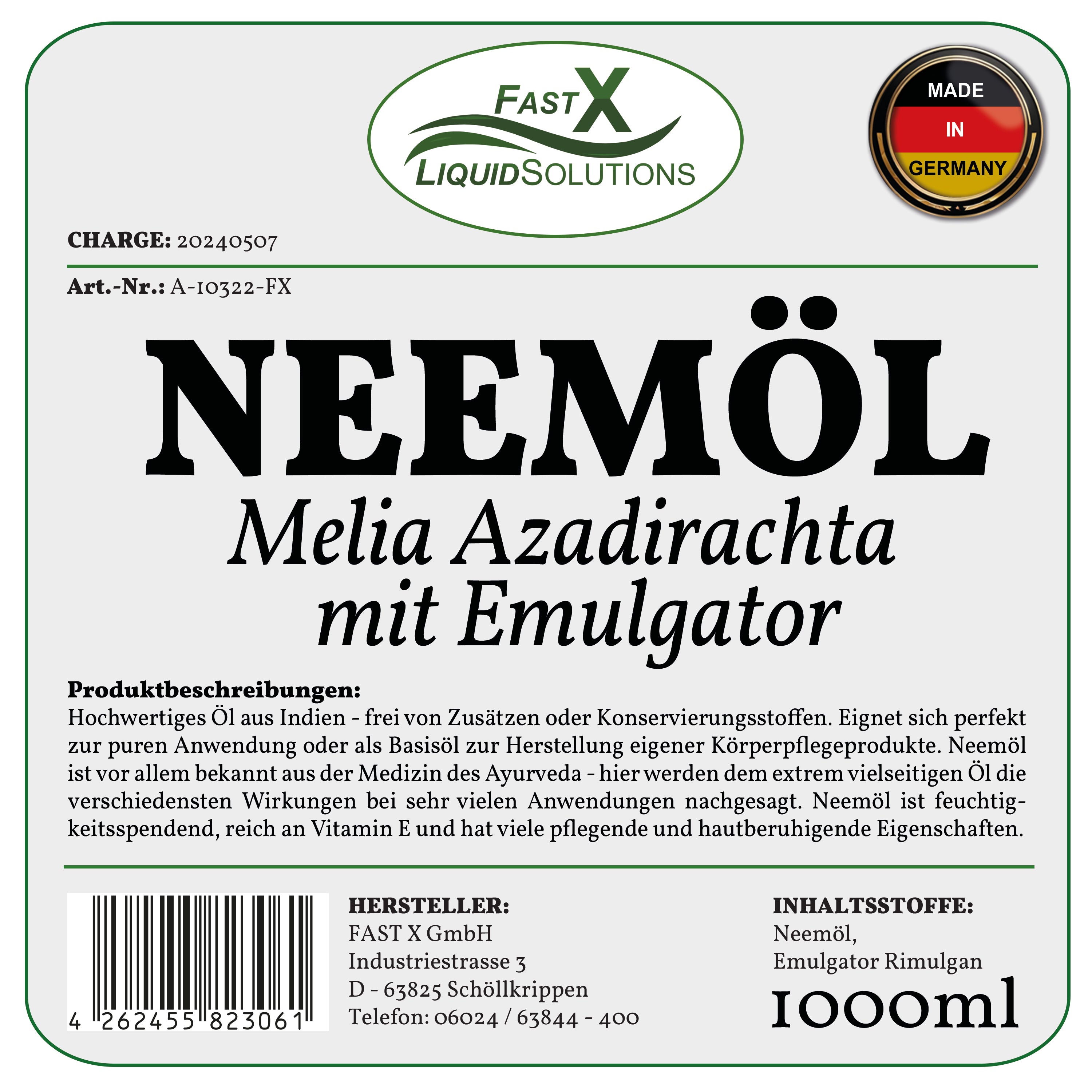 Neemöl Fertigmischung mit Emulgator – 1 Liter + 250ml Spritzflasche